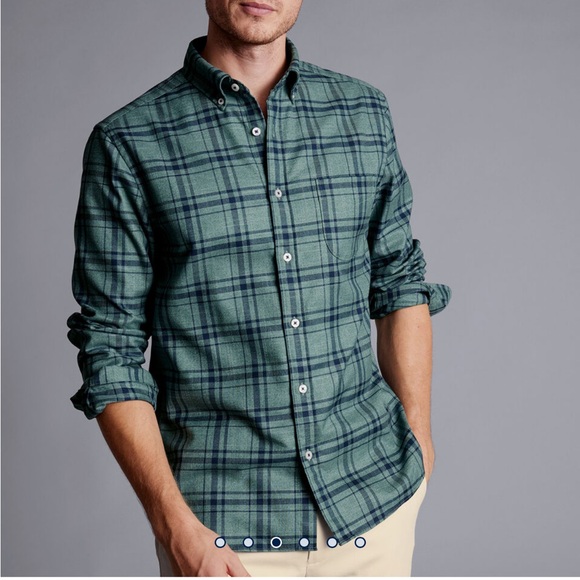 Charles Tyrwhitt Button-Down Collar Non-Iron Twill Large Check Shirt- Teal Green - Picture 6 of 6